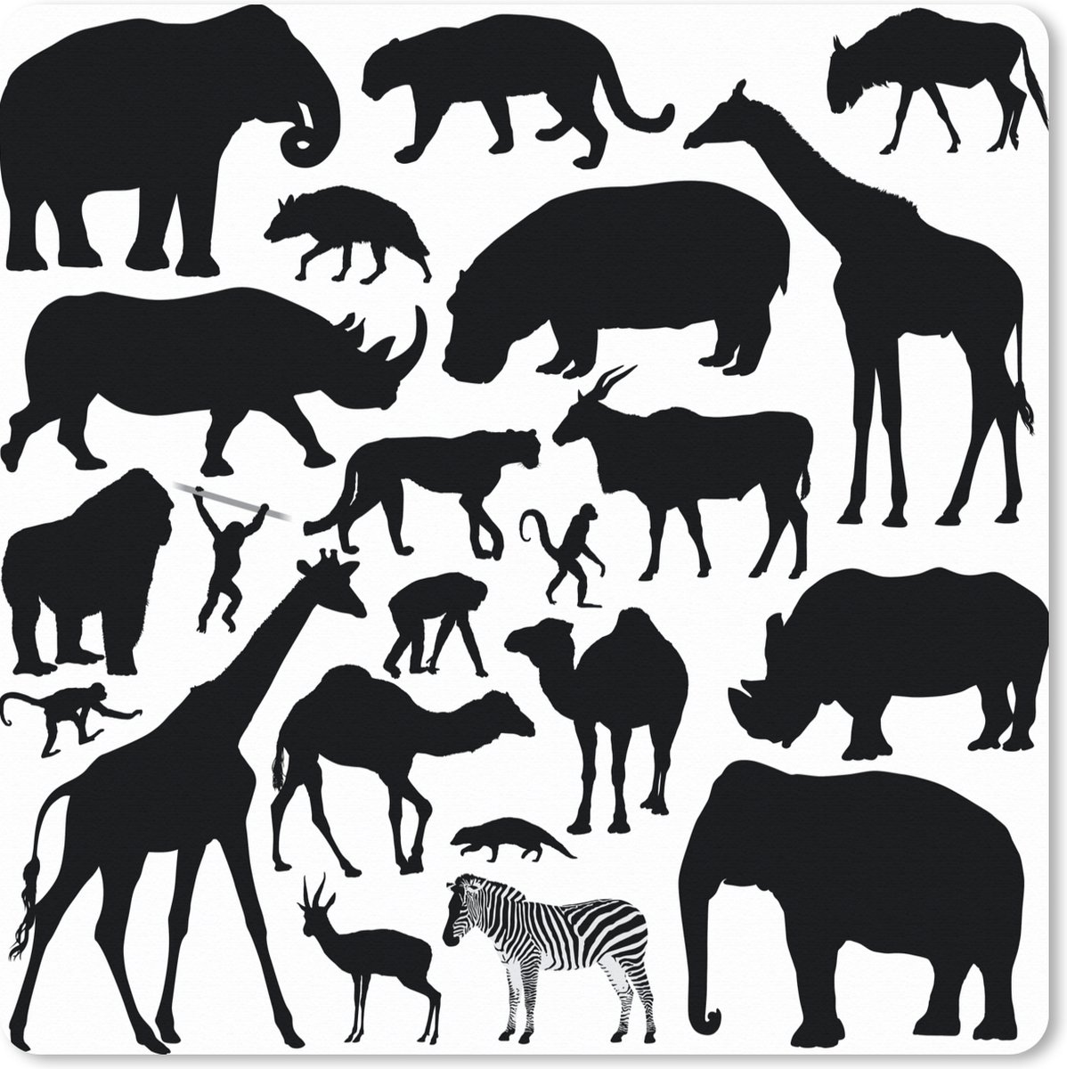 Muismat XXL 40x40 cm - Bureau onderlegger - Bureau mat Een silhouet illustratie van de Big five en andere dieren - Bureaumat - Gaming mousepad xl - Bureaulegger groot - Computer deskmat