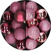 24x stuks kunststof kerstballen mix van aubergine en roze 6 cm - Kerstversiering