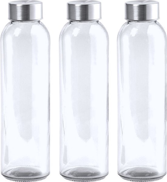 3x Stuks glazen waterfles/drinkfles transparant met Rvs dop 550 ml - Sportfles - Bidon