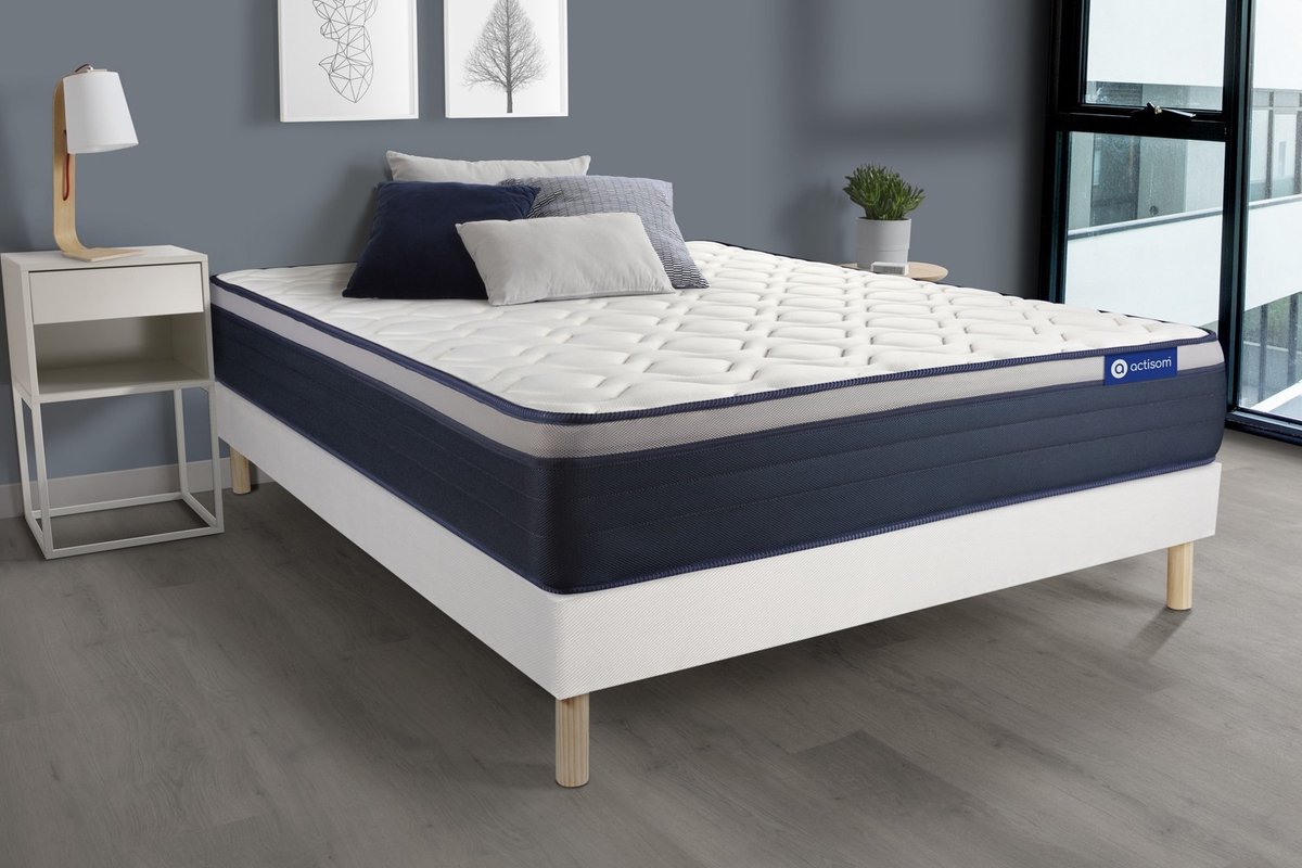 Complete boxspring met matras tweepersoons- Actisom Actiflex max wit - Pocketveren en traagschuim - 120 x 220 cm