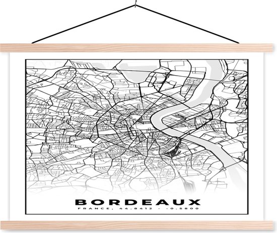 Posterhanger incl. Poster - Schoolplaat - Kaart - Stadskaart - Frankrijk - Bordeaux - Plattegrond - Zwart wit - 150x100 cm - Blanke latten - Plattegrond