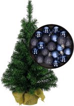 Mini sapin de Noël/sapin de Noël artificiel H35 cm avec boules de Noël bleu foncé - Décorations de Noël