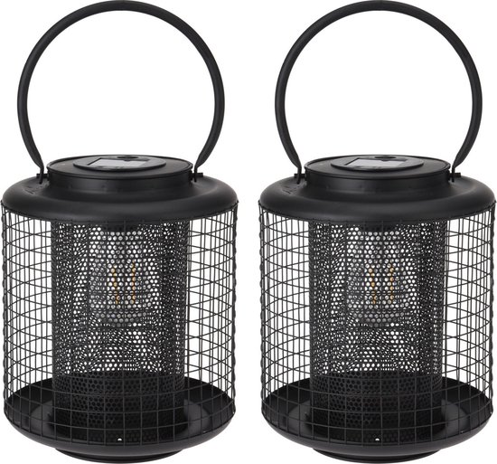Set van 2x stuks zwarte ronde solar LED lantaarns 22 cm - Tuinverlichting - Tuinlampen - Solarlampen op zonne-energie