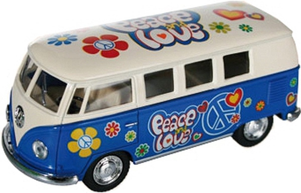 VW model T1 auto busje - hippie style - geel - 12 cm - terugtrek motor