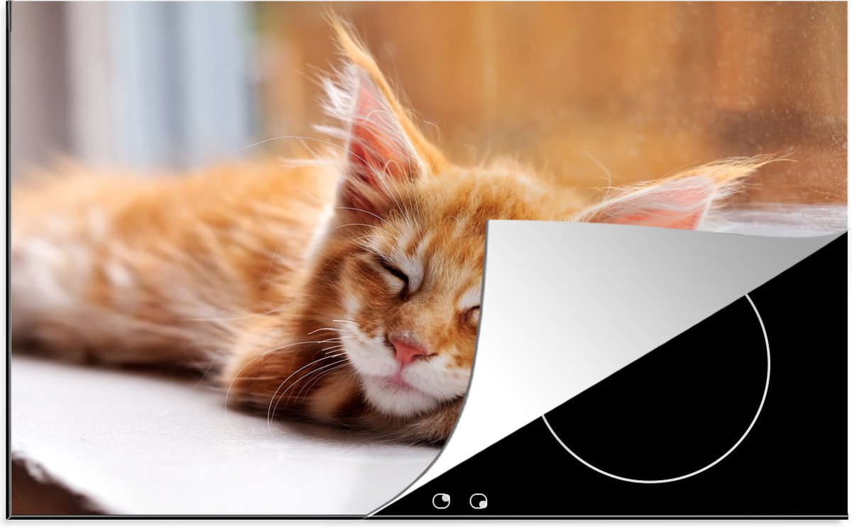 Inductie Beschermer – Inductie Mat – Kookplaat Beschermer – Oranje Maine Coon Kat Ligt In De Vensterbank – 80×52 Cm – Afdekplaat Inductie – Inductiebeschermer