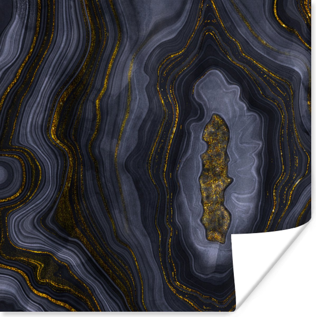 Poster Geode - Agaat - Black & gold - 75x75 cm