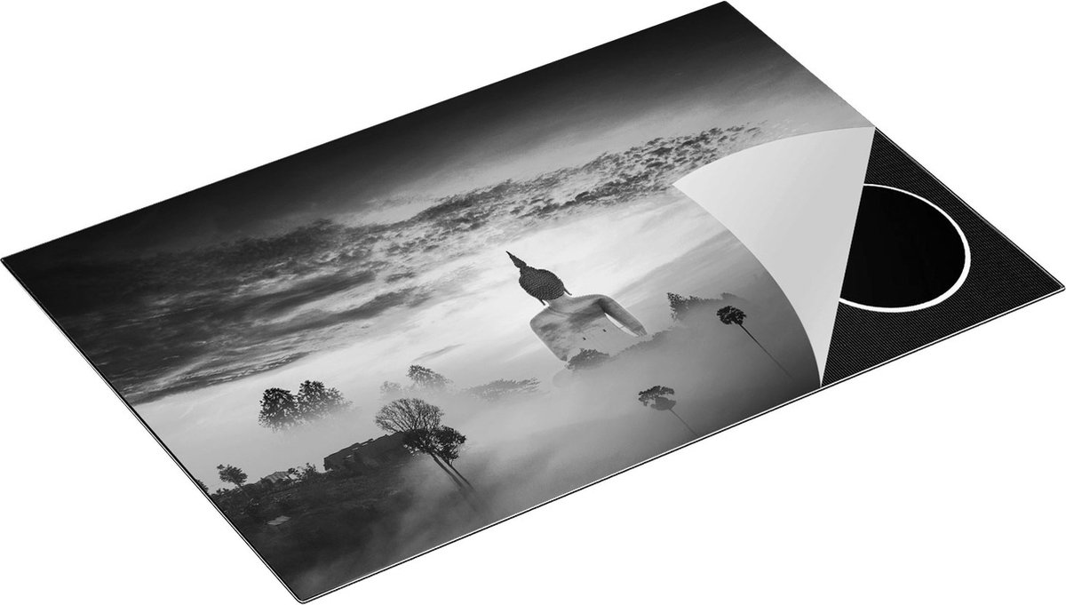 Chefcare Inductie Beschermer Boeddha Beeld in de Mist - Zwart Wit - 80x55 cm - Afdekplaat Inductie - Kookplaat Beschermer - Inductie Mat