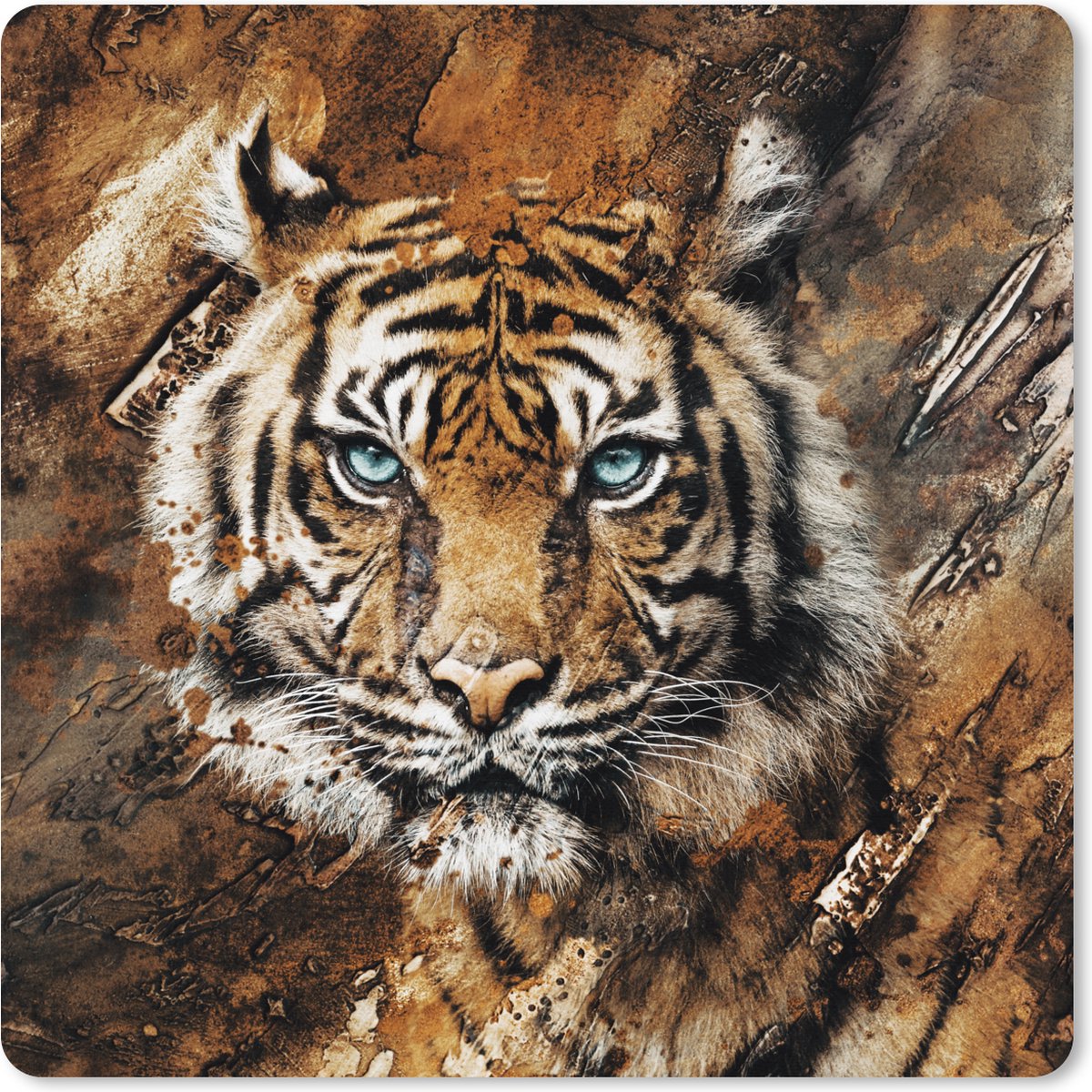 Muismat XXL 60x60 cm - Bureau onderlegger - Bureau mat Tijger - Schilderij - Bruin - Bureaumat - Gaming mousepad xl - Bureaulegger groot - Computer deskmat