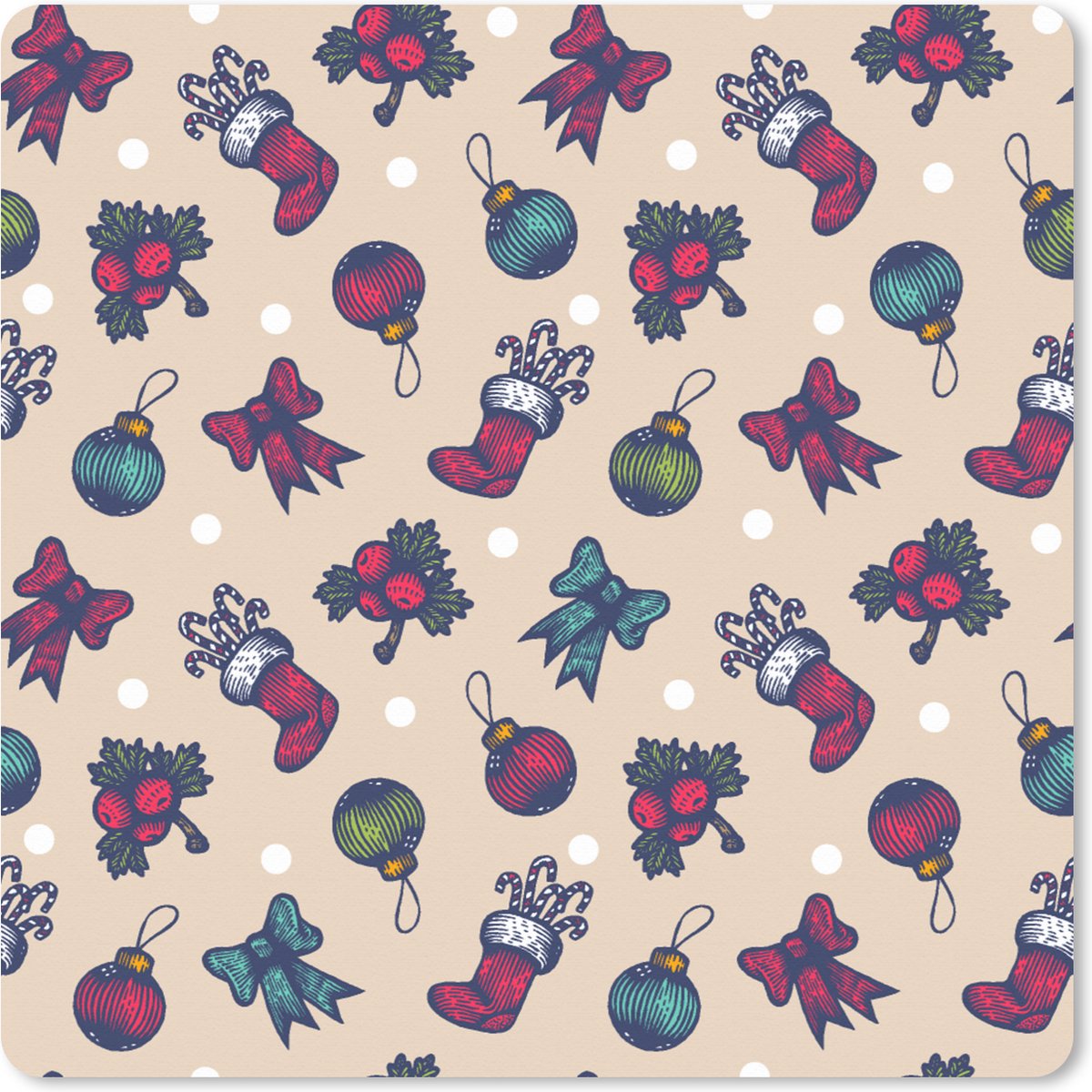 Muismat XXL - Bureau onderlegger - Bureau mat - Patronen - Kerst - Kerstballen - Strik - 80x80 cm - XXL muismat