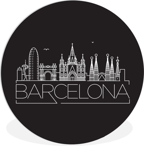 WallCircle - Wandcirkel ⌀ 30 - Skyline "Barcelona" wit op zwart - Ronde schilderijen woonkamer - Wandbord rond - Muurdecoratie cirkel - Kamer decoratie binnen - Wanddecoratie muurcirkel - Woonaccessoires