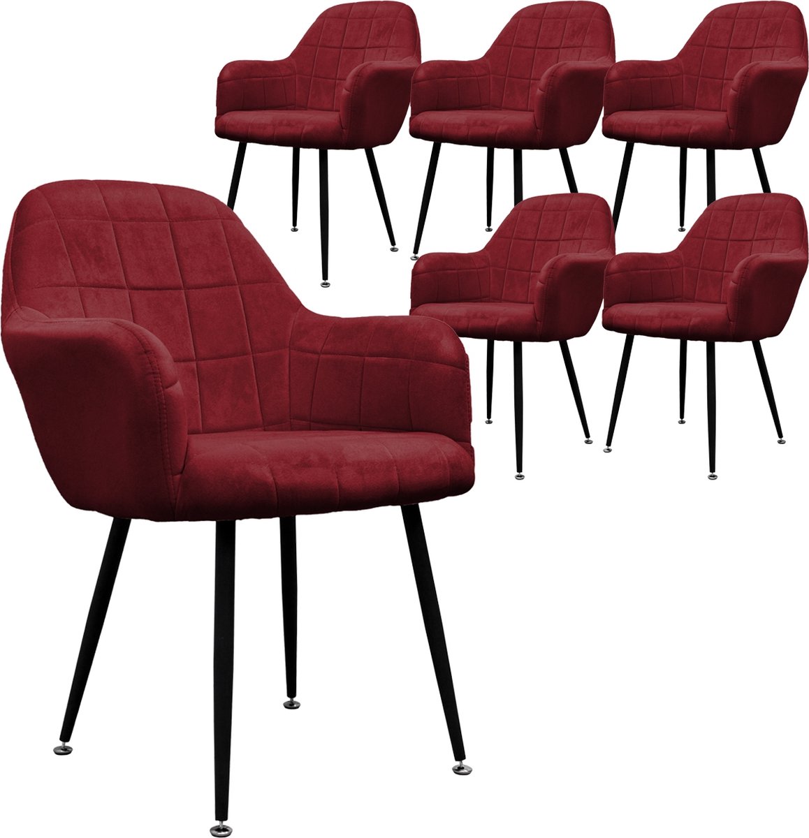 ecd germany Set van 6 Eetkamerstoelen Eetkamerstoel met rugleuning en armleuningen Bordeaux Fluwelen Zitting Metalen Poten Keukenstoelen Woonkamerstoelen Gestoffeerde Stoelen Armstoelen Red