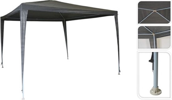 Grijze partytent met een frame van witte palen en een grijs dak. Details van het frame zijn zichtbaar.