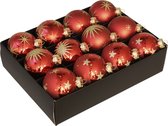 12x Luxe glazen rode kerstballen met gouden decoratie 7,5 cm - Luxe glazen kerstballen - kerstversiering rood