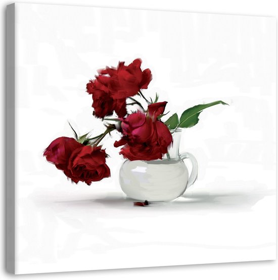 Trend24 - Canvas Schilderij - Rode Rozen In Een Vaas - Schilderijen - Bloemen - 30x30x2 cm - Rood
