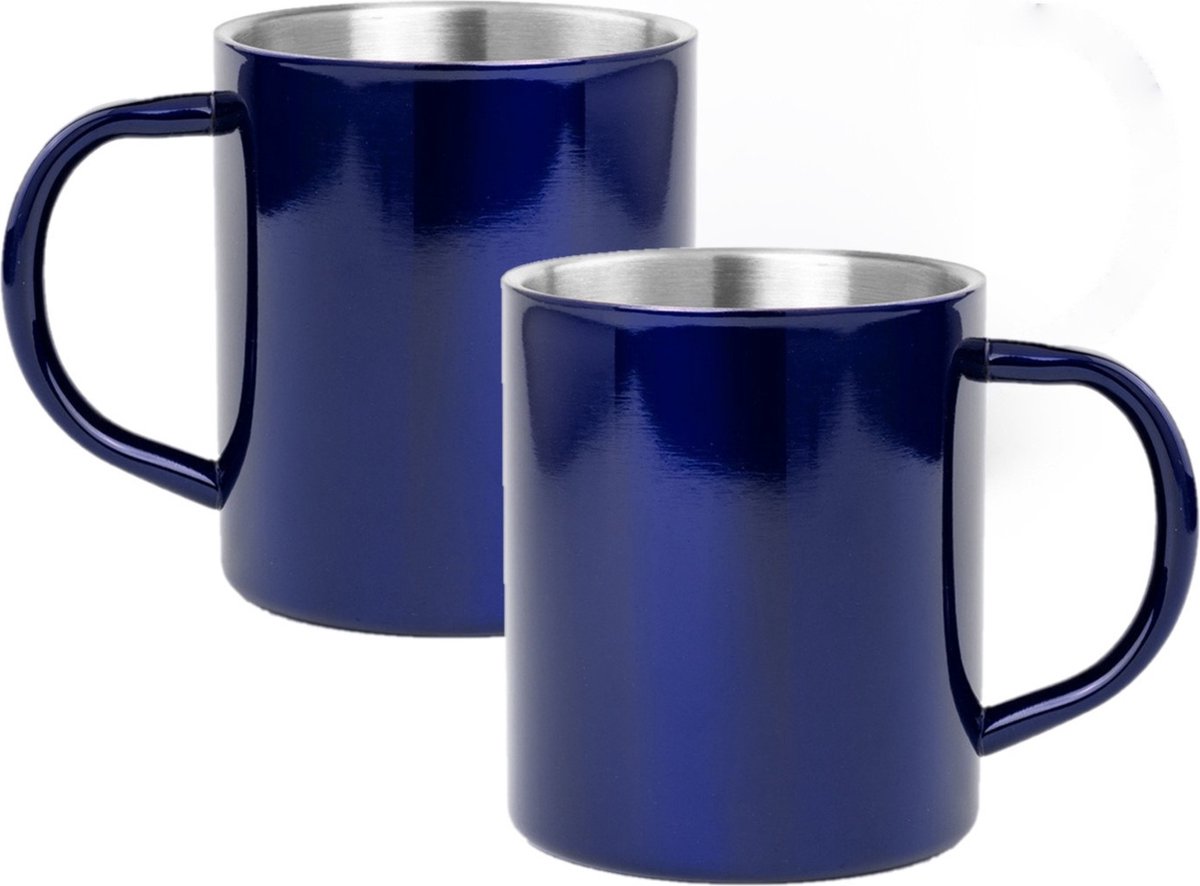 Luxe drinkbeker/koffiemok - 12x - metallic blauw - 280 ml - RVS - glitter and glamour