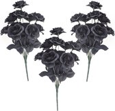 3x Bosje met 6 zwarte rozen halloween decoratie 37 cm - Verkleedaccessoires