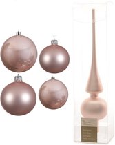 Compleet glazen kerstballen pakket lichtroze glans/mat 38x stuks - 18x 4 cm en 20x 6 cm - Inclusief piek mat