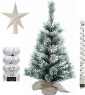 Kunst kerstboom 60 cm in jute zak met witte versiering 31-delig - Kerstdecoratie set
