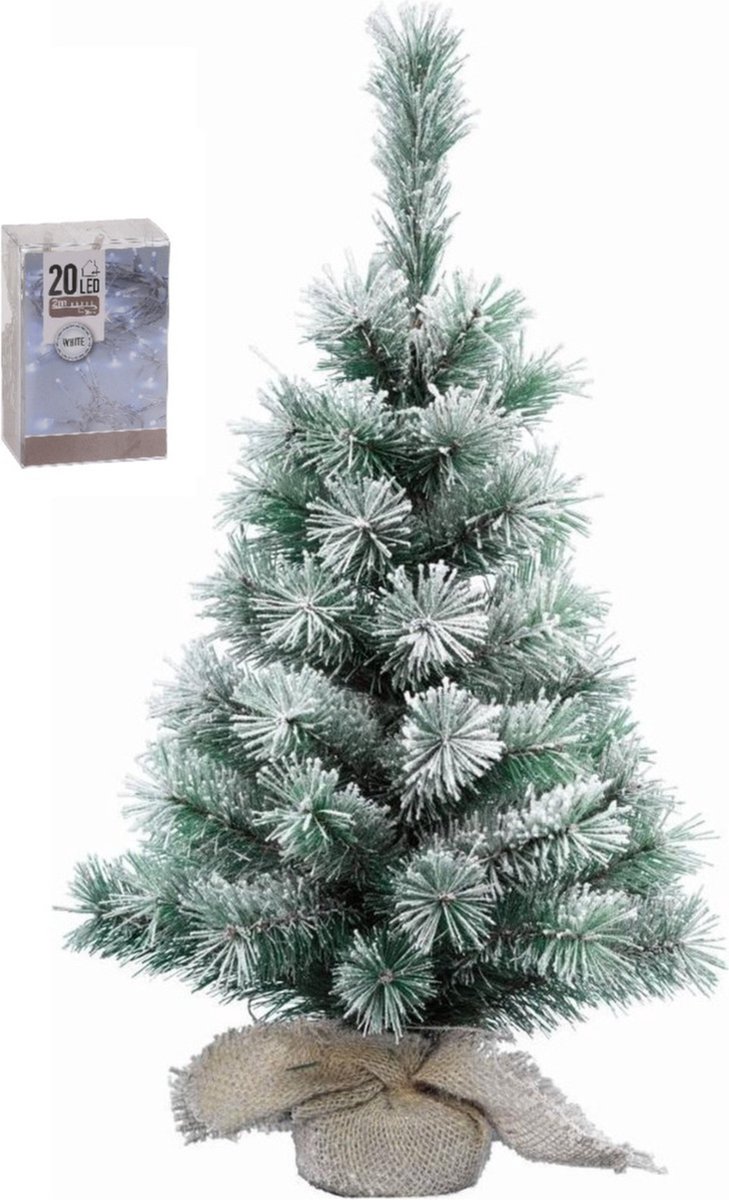 Kunst kerstboom met sneeuw 35 cm in jute zak inclusief 20 helder witte lampjes