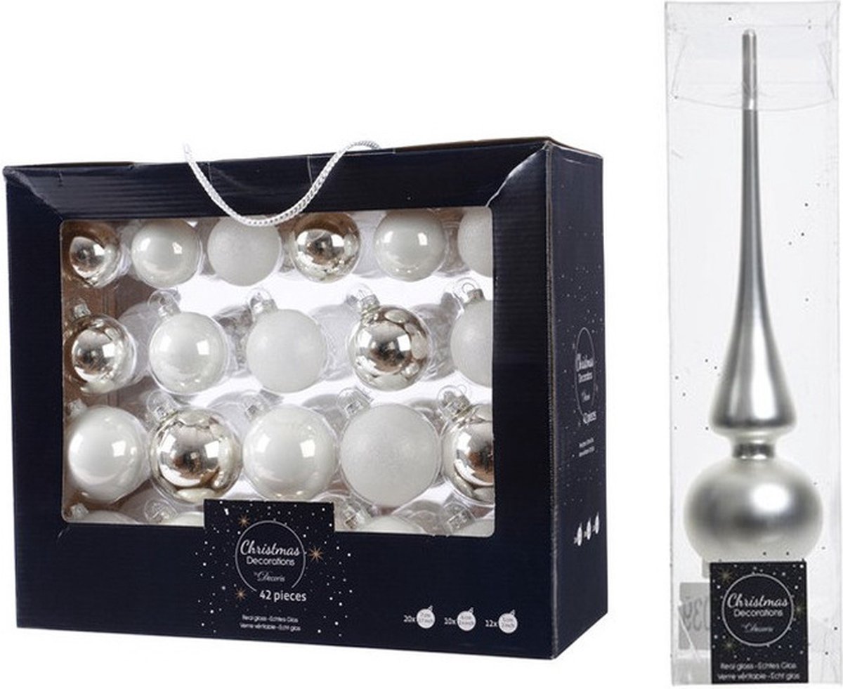 Decoris glazen kerstballen 42x wit zilver - 5-6-7 cm - inclusief zilveren piek - mat glanzend glitter - kerstversiering