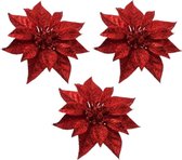 4x Kerstboomversiering bloemen op clip rode kerstster 18 cm - kerstfiguren - rode kerstversieringen