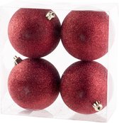 4x Rode kunststof kerstballen 10 cm - Glitter - Onbreekbare plastic kerstballen - Kerstboomversiering rood
