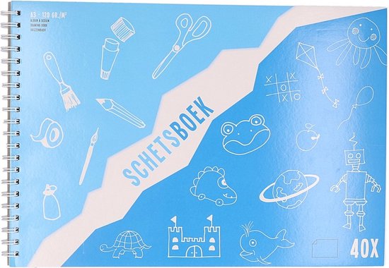 Blauwe schetsboekhoes met witte tekeningen van knutselspullen, dieren, een kasteel en de tekst SCHEETSBOEK. 40 vellen.