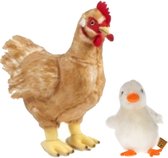 Set van Pluche kip en witte kuiken knuffel 12 cm en 35 cm speelgoed- Kippen/kuiken boerderijdieren knuffels/knuffeldieren/knuffels voor kinderen