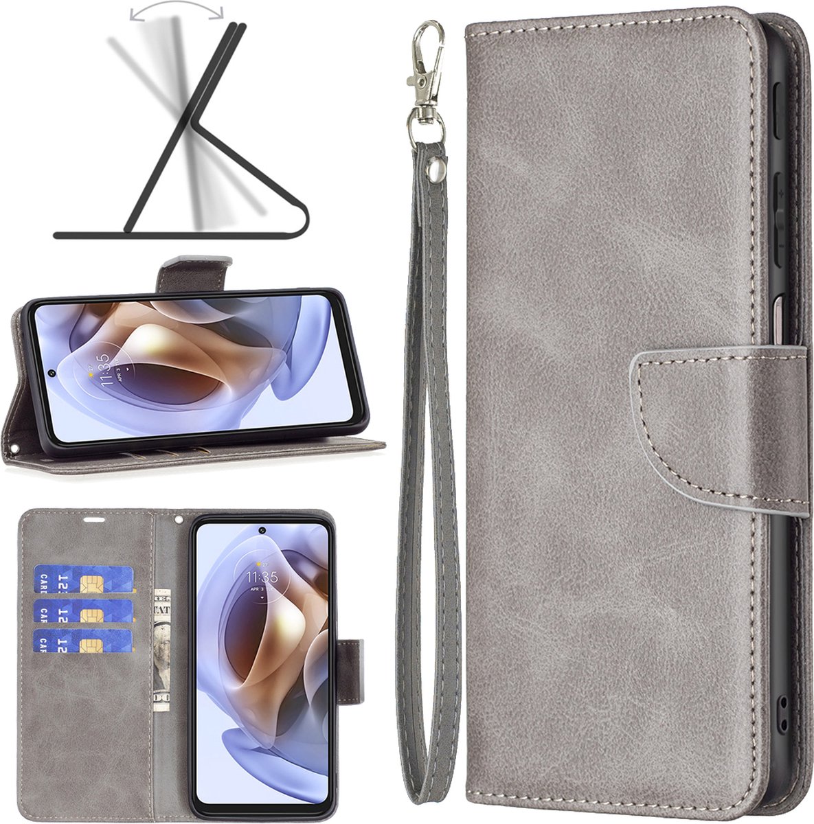 MobyDefend Hoesje - Geschikt voor Motorola Edge 30 Pro - Wallet Book Case Met Koord - Grijs