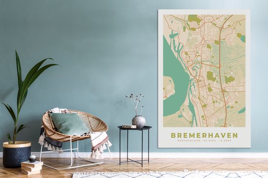 Tableau sur toile Bremerhaven - Plan d'étage - Carte - Vintage - Plan de ville - 120x180 cm - Décoration murale XXL