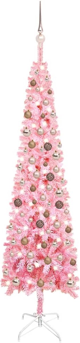 VidaLife Kerstboom met LED's en kerstballen smal 210 cm roze