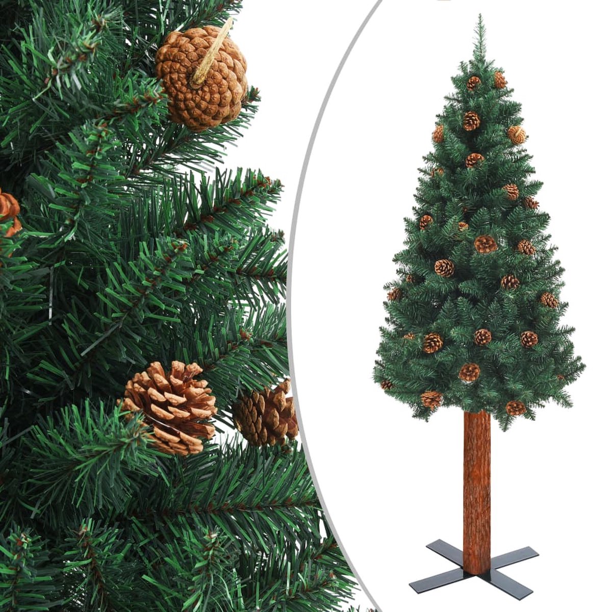 VidaLife Kerstboom met echt hout en dennenappels smal 150 cm PVC groen
