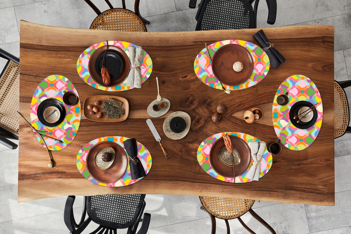 Placemats ovaal - Onderleggers - Ovale placemats - Design - Abstract - Kleuren - Retro - 6 stuks