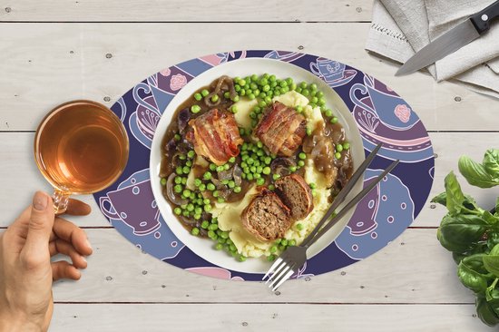 Napperons de table ovales - Dessous de verre - Sets de table ovales - Motif - Thee - Tasse - Théière - 6 pièces