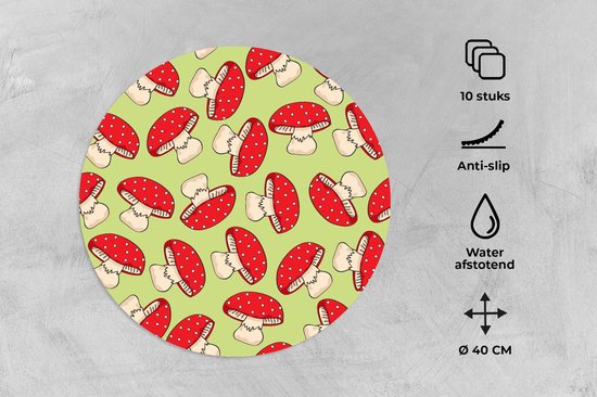 Sets de table ronds - Dessous de verre - Napperons ronds - Champignon - Rouge - Motifs - 10 pièces