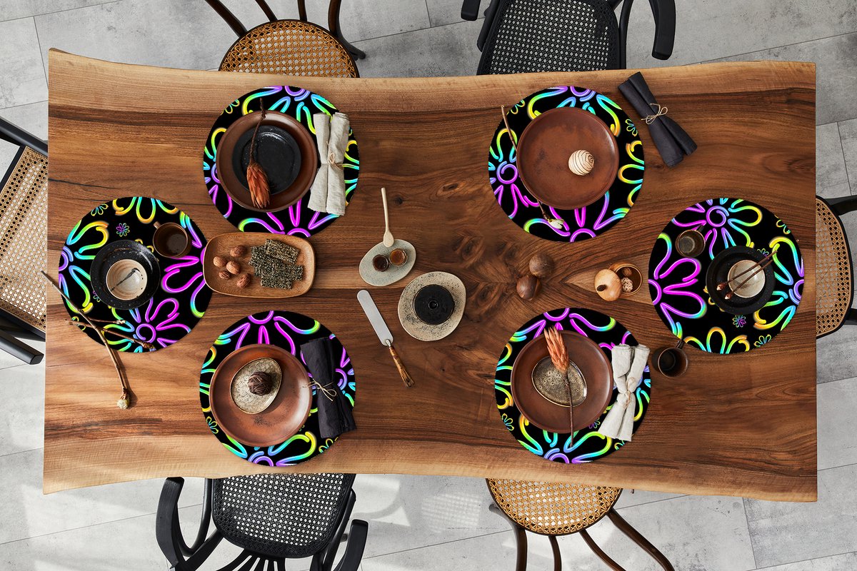 Ronde placemats - Onderlegger - Placemats rond - Bloemen - Neon - Patronen - Psychedelisch - 6 stuks