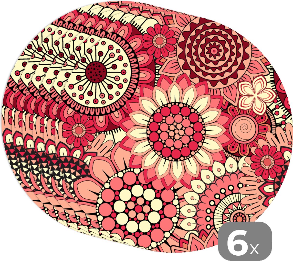 Ronde placemats - Onderlegger - Placemats rond - Bloem - Mandala - Retro - Patroon - 6 stuks