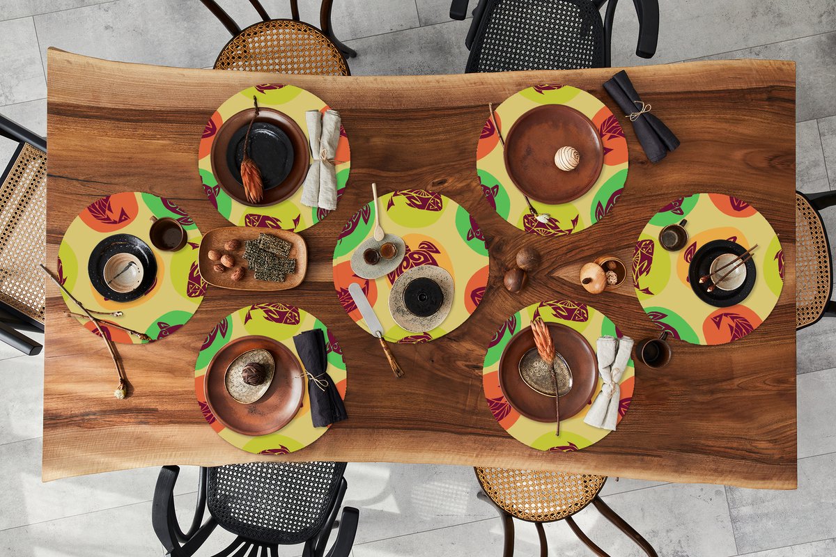 Ronde placemats - Onderlegger - Placemats rond - Schildpad - Vissen - Maori - Patroon - 8 stuks