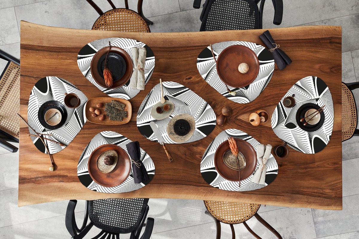 Placemat organisch - Placemats organic - Onderleggers - Patroon - Abstract - Zwart Wit - 8 stuks