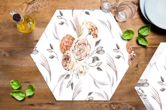 Napperons hexagon - Sets de table - Set de table hexagone - Motifs - Fleurs - Rose - Wit - 8 pièces