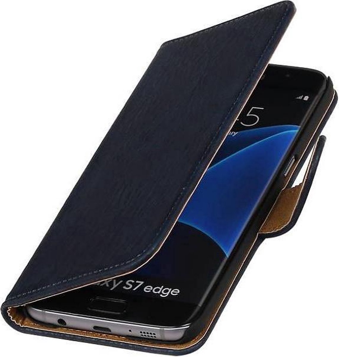 Hout Bookstyle Hoes Geschikt voor de Samsung Galaxy S7 Edge G935F Donker Blauw
