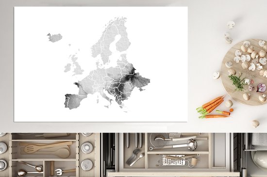 KitchenYeah® Inductie beschermer 81x52 cm - Europakaart in lichtgrijze waterverf - zwart wit - Kookplaataccessoires - Afdekplaat voor kookplaat - Inductiebeschermer - Inductiemat - Inductieplaat mat