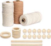 Kit macramé Navaris pour débutant - Kit DIY avec anneaux en bois et perles - 3 x 100 m de cordon coton - Kit macramé complet