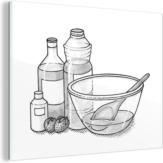 Glasschilderij - Flessen met olijfolie staan naast een glazen bak met een  pollepel in... | bol.com