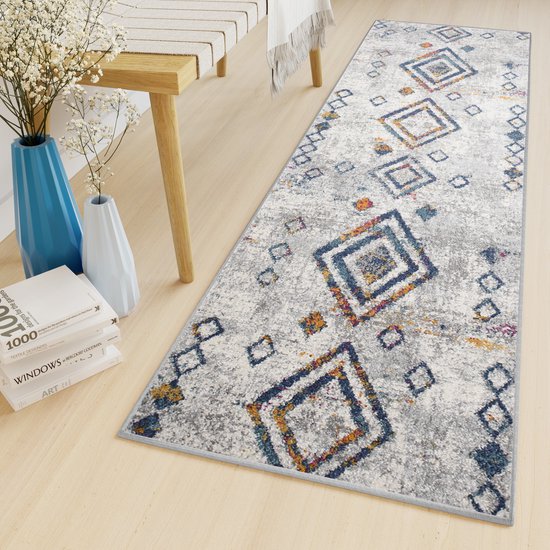 Mystic - Designer Velours Tapijt Loper - Ruitjespatroon Blauw