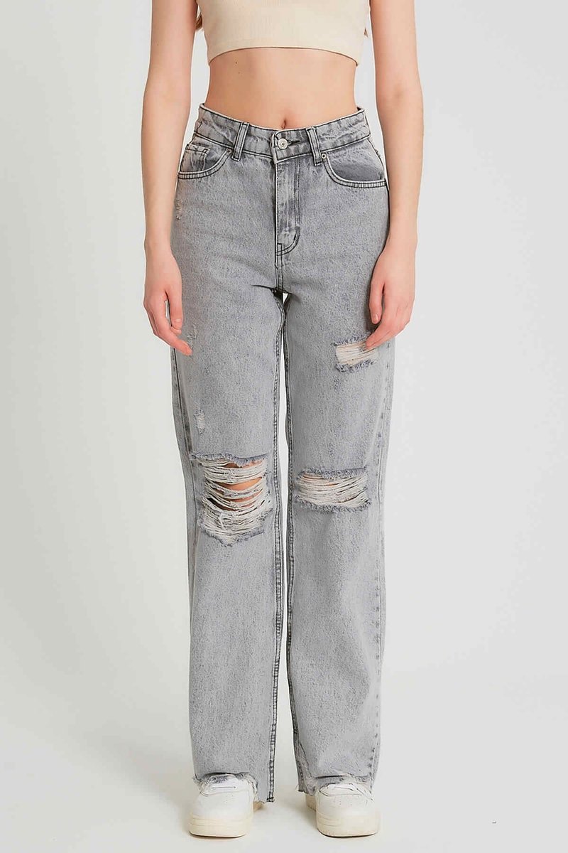 Dames Ribbed Jeans High Waist - D83618 - Grijs