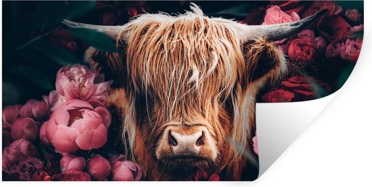 Muurstickers - Sticker Folie - Koe - Schotse hooglander - Bloemen - botanisch - 160x80 cm 