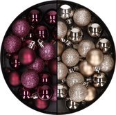 40x stuks kleine plastic kerstballen champagne en aubergine paars 3 cm - Voor kleine kerstbomen