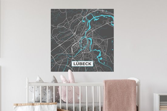 Stickers muraux - Lübeck - Plan de la ville - Blauw - Carte - Plan de la ville - Carte - Allemagne - 80x80 cm - Feuille adhésive