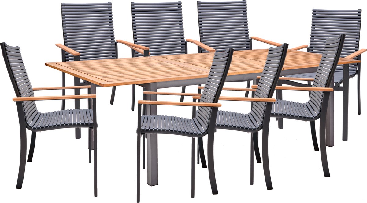 NATERIAL- Tuinmeubelset voor 8 personen - Tuintafel ORIS 180/240x100 cm - Uitschuifbare tafel - 8 tuinstoelen DORA met armleuningen - Stapelbaar - Zitgroep - Aluminium - Gerecycled kunststof